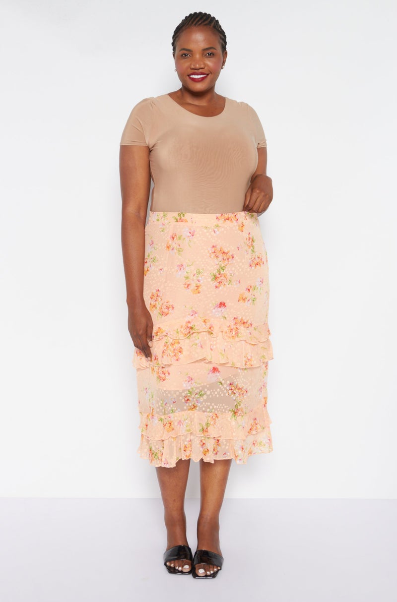 Dark Pink Women Plus Size Floral Midi Skirt, Pink Combo - Image 2